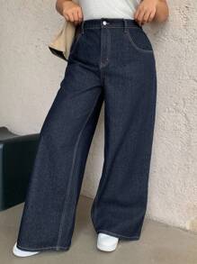 Dazy Plus Plus Size Women's Dark Wash Loose Straight Leg Long Jeans, All-Season