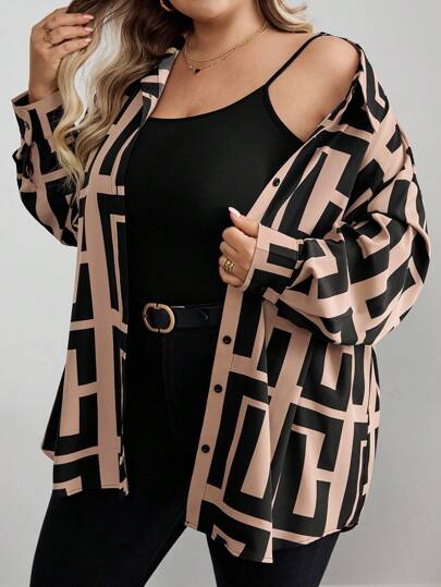 SHEIN CURVE+ Curve 大码/秋装/秋季女装/女士冬装/冬装大码女士秋季休闲日常装，大码女士几何印花长袖衬衫，休闲宽松舒适中长款家居装饰，秋装，感恩节装女士感恩节衬衫节日装