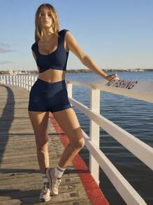 Aralina Leisurewear Summer Yellow Ruche Front Bike Short Ruffle Top Two Pieces Set - Navy Blue - View 13