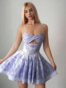 Sweetina Váy mini hở vai in họa tiết spaghetti cho nữ ngày 4 tháng 7 - Màu xanh lam - Xem 7