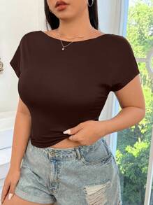 SHEIN EZwear Plus Size Brown Sexy Backless Short Sleeve Cropped T-Shirt, Summer - Brown - View 2