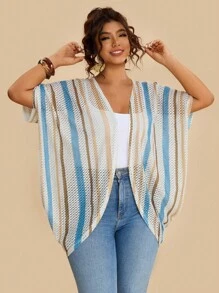 SHEIN VCAY Plus Size Women Striped Floral Print Jacket, Lace Striped Floral Print Batwing Sleeve Loose O-Type Cover Up Vacation Holiday Beach Summer City Break Boho Chic Travel Airport Going Out Country Old Money Vintage Women, Tulum, Teacher Back To School Fall Women Autumn - Multicolor - View 5