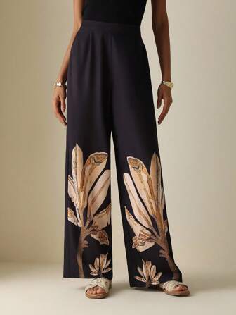 Vesra Women's Casual Tropical Print Loose Wide Leg Pants, Suitable For Commuting And Vacation Fall Cloth For Women