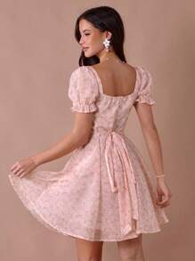 Enchnt Váy công chúa mini dễ thương in hoa màu hồng san hô pastel lãng mạn dành cho nữ, cổ tròn tay bồng, ren trang trí dễ thương - Nhiều màu - Xem 2