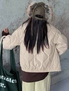 DAZY 青少年女孩格子绗缝韩版休闲街头长袖宽松棉服外套，冬季 - 米色 - 查看 2