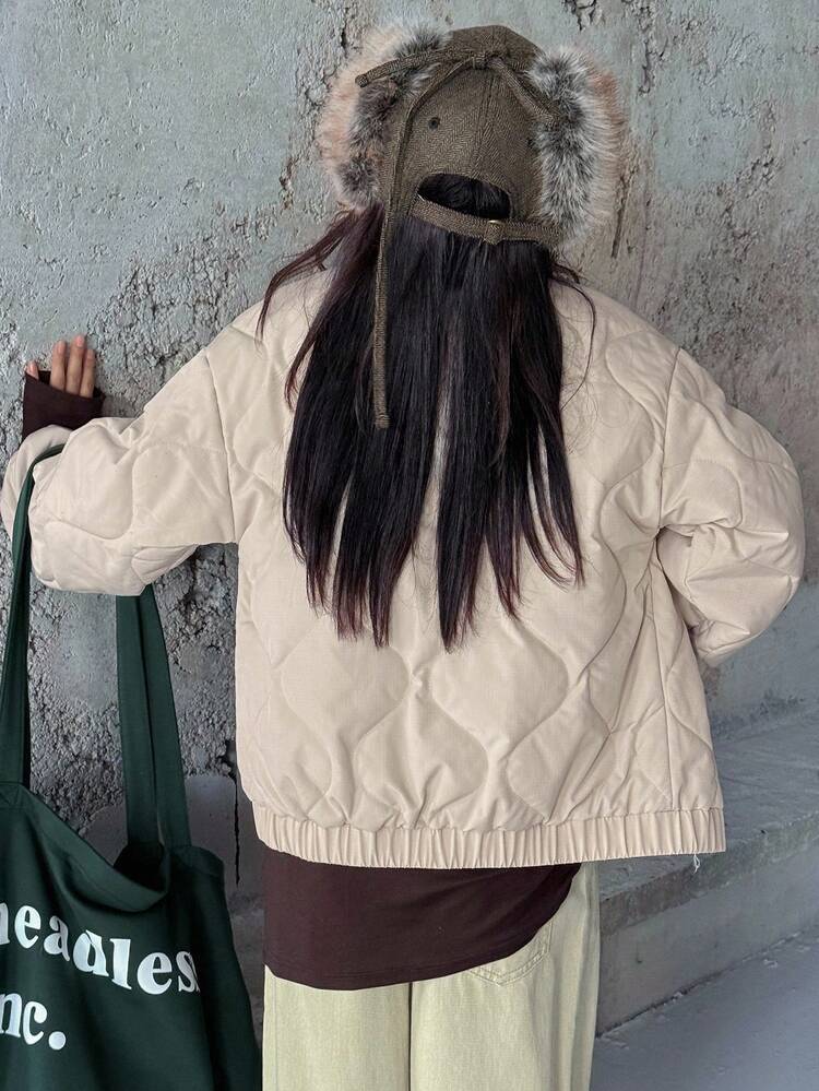 Tween Girls' Plaid Quilted Korean Casual Street Wear Long Sleeve Loose Padded Coat, Winter