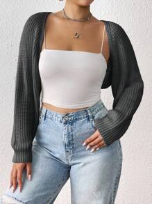 SHEIN EZwear 加绒罗纹针织开衫无吊带背心上衣春秋冬装 - 深灰色 - 查看 4