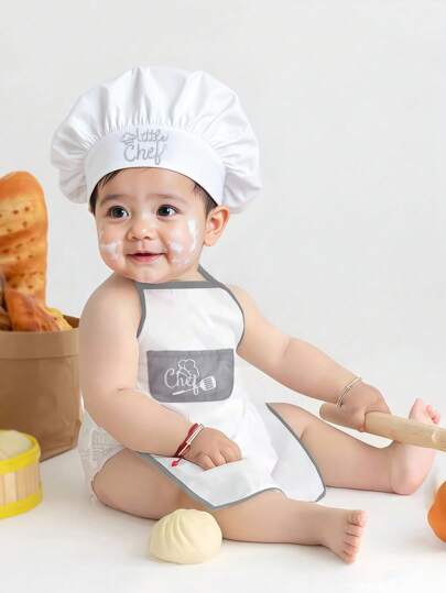 SHEIN Conjunto de gorro de cocinero y delantal blanco para recién nacido, accesorios para sesión fotográfica de bebé niño de 1 mes y 100 días