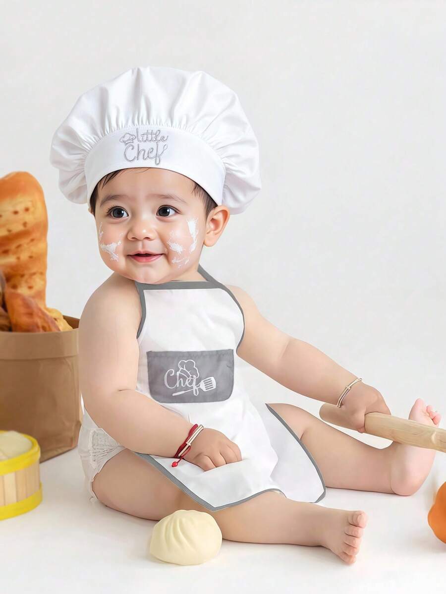 SHEIN 新生儿摄影服装男宝宝白色厨师帽和围裙套装婴儿拍摄道具1个月100天宝宝拍照道具 - 彩色 - 查看 1
