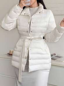 DAZY 女式格纹收腰轻薄夹棉外套，修身版型，秋冬夹克 - 米色 - 查看 5