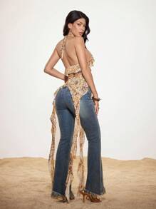 Shutterstock 3D Floral Sexy Mesh Ruffle Trim Sheer Women's Tank Top Y2K 2000s Cute Top Back To School Club Women Sexy Date Night - Gold - View 2