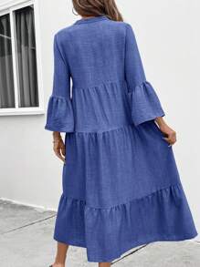 SHEIN LUNE 女式缺口领单排扣长袖休闲连衣裙长款女装 - 藍色 - 查看 2