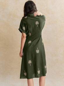 Écloséra 时尚复古百搭日常连衣裙，衬衫领，落肩袖，纽扣，蝴蝶结，刺绣，中长款连衣裙，适合女士，春夏季