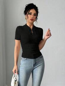 Gloray Damen Kurzarm Jacquard Stickerei Knopf-up Raffung Taille T-Shirt
