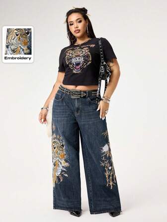 Grunge Punk Jeans ampi unisex oversize dal taglio vintage con ricamo di tigre e fiori in stile street cinese