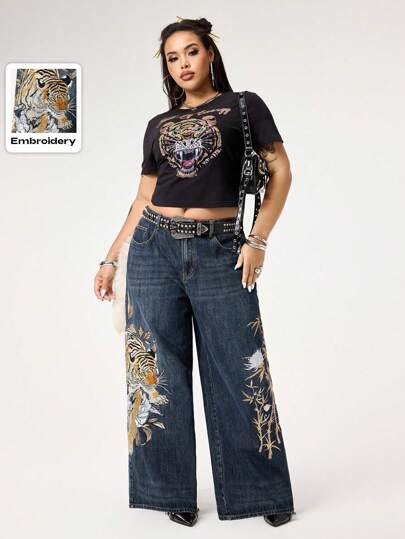 Grunge Punk Vintage Street-Style Chinese Tiger & Floral Embroidered Loose Wide-Leg Plus Size Unisex Jeans