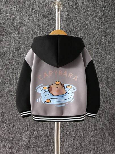 Boys' Contrast Color Hooded Sweatshirt With Graphic Print, Ribbed Cuffs & Hem, Casual & Fashionable Fall Winter