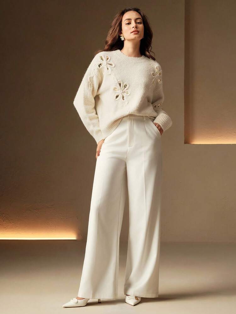 Embroidered Floral Sequin Sweater, Suitable For Fall, Winter, New Year, Elegant, Chic, Stylish, Christmas, Going Out, Winter Clothes For Women, Cozy