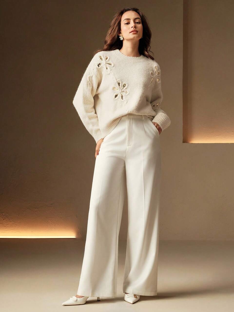 Embroidered Floral Sequin Sweater, Suitable For Fall, Winter, New Year, Elegant, Chic, Stylish, Christmas, Going Out, Winter Clothes For Women, Cozy