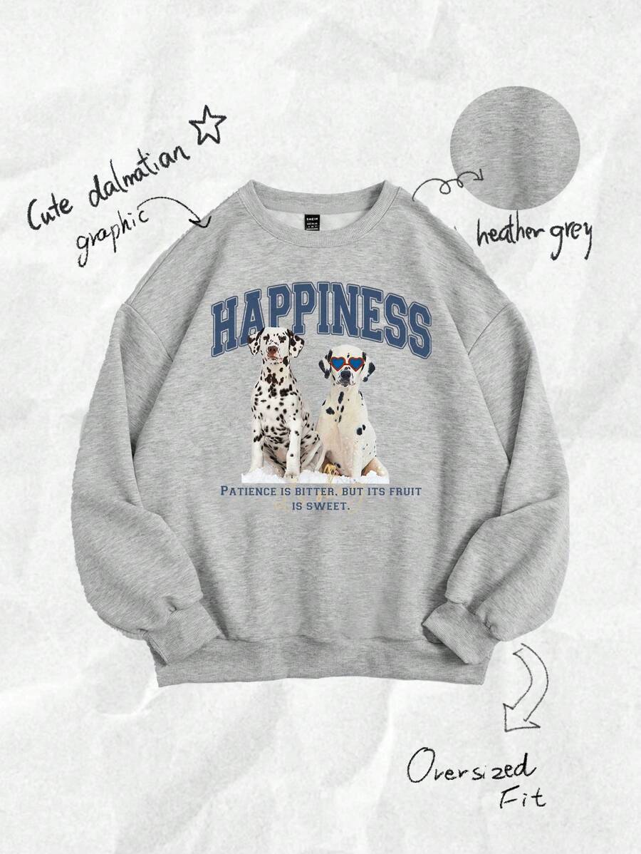 Attitoon 女士休闲斑点狗印花超大圆领长袖连帽衫 - 淺灰色 - 查看 1