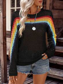 Lyxana 女士乡村风格条纹镂空长袖休闲宽松毛衣针织套头衫秋冬