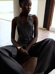 Lumivelle Halloween Summer Old Money Women 2025 New Design Black Lapel Sleeveless Backless Loose Jumpsuit For Women In Summer, Black Metal Decor Waist Belt Backless Halter Straight-Leg Jumpsuit, High-End V-Neck Sleeveless Backless Jumpsuit For Women In Summer, Elegant Waist Tie Jumpsuit With High Waist Wide Leg Pants