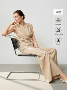 Uhlyne 2pcs/Set Women Casual Commute Linen Cowl Neck Wrap Top And Linen Pants Suit,Autumn,Minimalist,Business Casual,Holiday Outfits,Work Wear,Teacher Outfits,Back To School,Fall,Old Money Style - Khaki - View 6