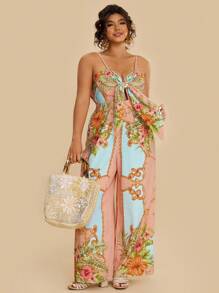 Travachic Plus Size Women Pink Floral Painting Print Sleeveless Jumpsuit,Front Bowknot Boho Summer Vacation Holiday Resort Beach Tropical Outfits With Pockets - Multicolor - View 4