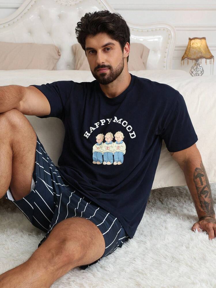 Details Pattern Letter Print Multi-Color T-Shirt Matched Men's Home Clothing Set Pajama