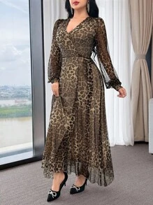 Modelyn Đầm thanh lịch buộc dây phía trước họa tiết da báo cho nữ tay đèn lồng - màu nâu - Xem 1
