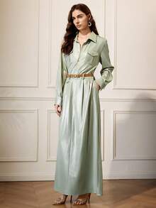 Briarwyn Sage Green Elegant Office Long Sleeve Maxi Shirt Dress,Autumn Fall Clothes For Women,Solid Color Extra Long Fashionable Commute Old Money Outfits - Green - View 1