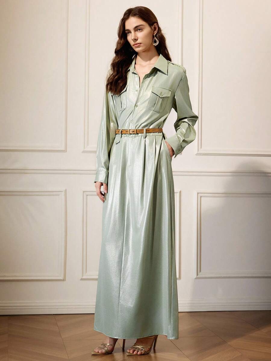 Briarwyn Sage Green Elegant Office Long Sleeve Maxi Shirt Dress,Autumn Fall Clothes For Women,Solid Color Extra Long Fashionable Commute Old Money Outfits - Green - View 1