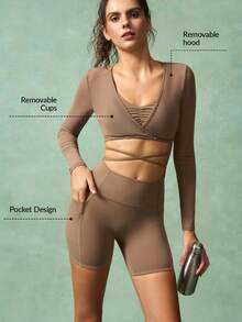 VARSIVA Damen Einfarben V-Ausschnitt Top mit Kreuzgurt Langarm und Shorts enge Sportanzüge - Kaffeebraun - Übersicht 7