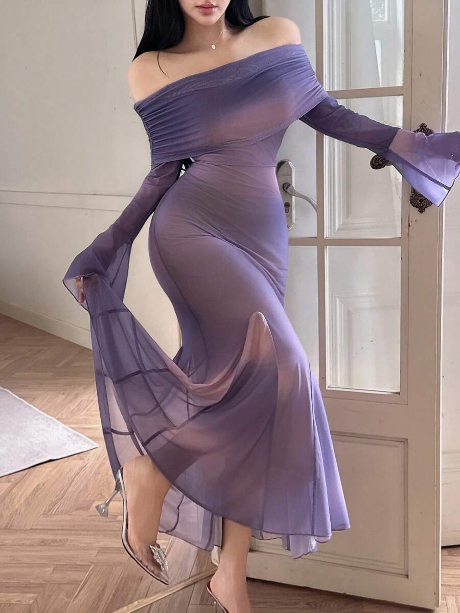 Modelyn 女士优雅露肩渐变色美人鱼连衣裙