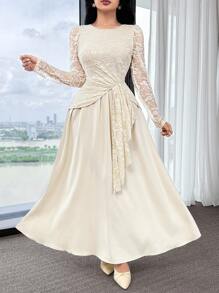 Feyla 女士优雅撞色蕾丝腰收腰圆领长裙 - 杏色 - 查看 6