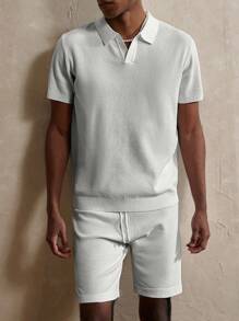 Manfinity Homme Men's Simple Solid Color Polo Collar Short Sleeve Knit Top And Shorts Set, Summer - Light Grey - View 4