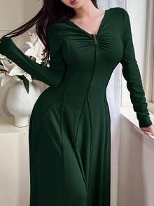 Feyla Đầm xòe xếp ly cổ chữ V tay dài thanh lịch cho nữ - Màu xanh lá cây đậm - Xem 4