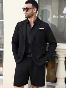Manfinity Mode 2pcs/Set Men's Plus Size Casual Long Sleeve Blazer Jacket And Shorts Set - Black - View 1