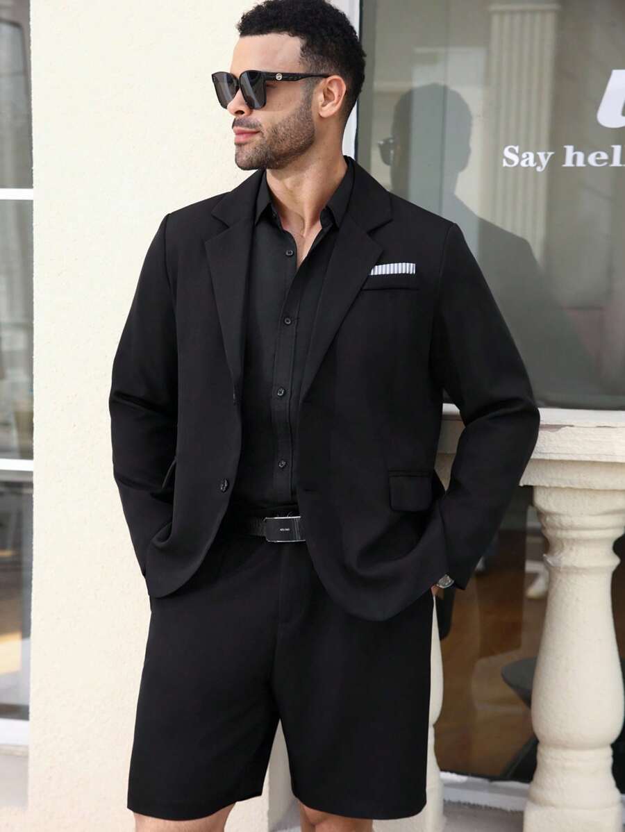 Manfinity Mode 2pcs/Set Men's Plus Size Casual Long Sleeve Blazer Jacket And Shorts Set - Black - View 1