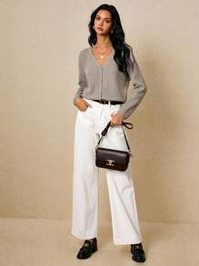 Poéselle 女式纯色 V 领蝙蝠袖单排扣休闲开衫、女式开衫、女式开衫毛衣、秋冬棕色开衫 - 卡其色 - 查看 5