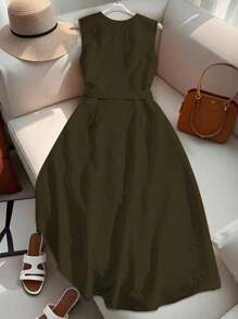 Franclia Simple Solid Color Front Button Sleeveless Tank Dress, Summer Summer Dress Clothes For University - Army Green - View 2