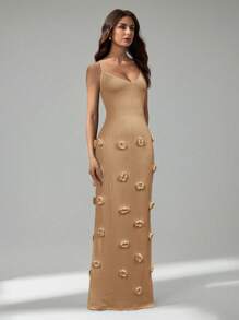 SHEIN Tall 女士 3D 花卉装饰吊带背心连衣裙 - 卡其色 - 查看 6