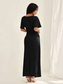 SHEIN PETITE 女式夏季纯色亚麻混纺休闲优雅连衣裙， - 黑色 - 查看 2