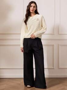 Briarwyn 女士休闲字母刺绣 V 领落肩长袖毛衣，秋季女士，冬季女士，老钱风格，返校，复古女士，女士教师 - 米色 - 查看 6