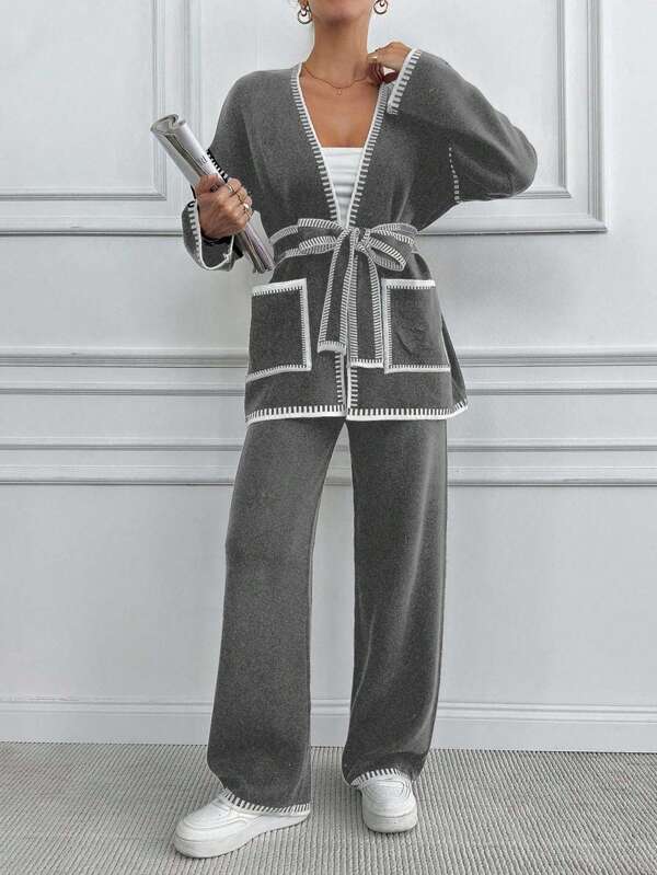 SHEIN 2 pièces Ensemble de cardigan tricoté à cordon de serrage avec poche et bord contrastant et pantalon