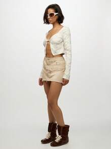 SUMWON WOMEN Western Style Deconstructed Tiered Denim Mini Skirt Raw Edge Hem Distressed Design Paneled Multiple Pockets Festival Spring Summer Casual High Waist Everyday Staple - Khaki - View 5