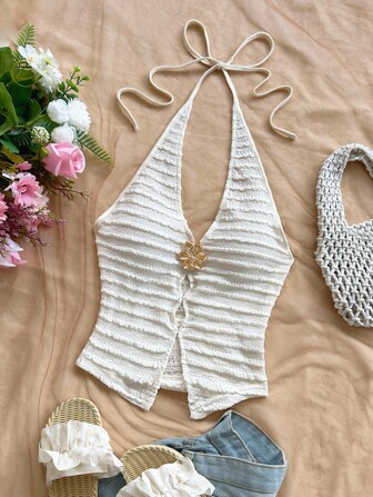 Soleia Women Vacation V-Neck Metallic Hollow Cut-Out Wrap Tie Backless Slim Fit Camisole, Bohemian, Boho, Romantic Floral Knitted Halter Top Beach Top Summer Top,Halter Top