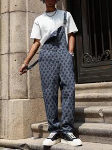 PAVTROS Manfinity Streetrush Men's Navy Argyle Print Casual Denim Bib Overalls