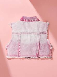 Conjunto de chaqueta vaquera y chaleco para niñas (talla pequeña), chaqueta vaquera rosa corta y estilosa estilo desgastado y deshilachado, chaleco sin mangas con look casual y chic para vacaciones