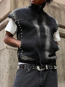 PAVTROS Manfinity Streetrush Men's Black Loose Fit Street Style Denim Vest Jacket - Black - View 4